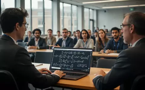 Wissenschaftler diskutieren in einem modernen Hörsaal ĂŒber mathematische KI-Modelle auf einem Laptop. - Foto: ĂŒber boerse-global.de