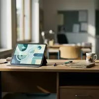 Ein Tablet mit einer digitalen Zeiterfassungsanwendung auf einem Schreibtisch in einem modernen Klassenzimmer. - Foto: über boerse-global.de