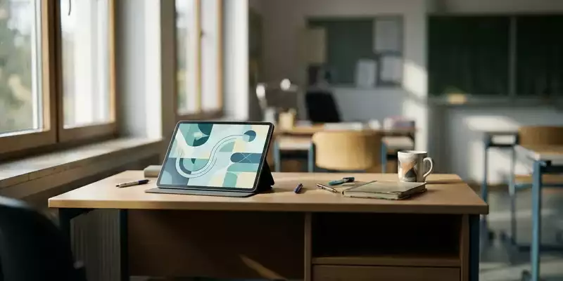 Ein Tablet mit einer digitalen Zeiterfassungsanwendung auf einem Schreibtisch in einem modernen Klassenzimmer. - Foto: über boerse-global.de