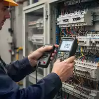Elektriker bei der Sicherheitsprüfung einer elektrischen Anlage in einem modernen Industriegebäude. - Foto: über boerse-global.de