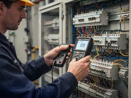 Elektriker bei der Sicherheitsprüfung einer elektrischen Anlage in einem modernen Industriegebäude. - Foto: über boerse-global.de