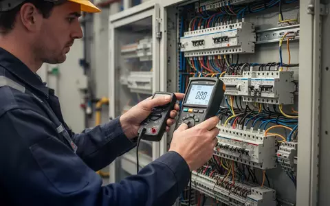 Elektriker bei der Sicherheitsprüfung einer elektrischen Anlage in einem modernen Industriegebäude. - Foto: über boerse-global.de