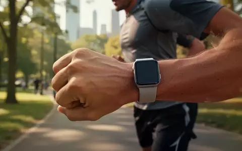 Nahaufnahme einer Person mit einer Smartwatch am Handgelenk während einer Joggingrunde in einem sonnigen Park. - Foto: über boerse-global.de