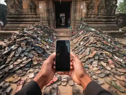 Ein Mann fotografiert mit seinem Smartphone einen großen Haufen verschiedener Schuhe vor einem Tempel, um diese per KI wiederzufinden. - Foto: über boerse-global.de