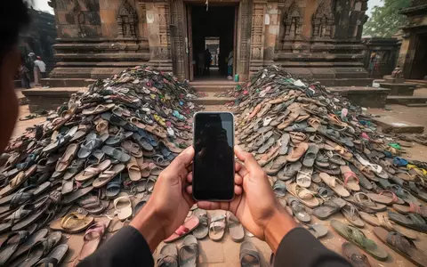 Ein Mann fotografiert mit seinem Smartphone einen großen Haufen verschiedener Schuhe vor einem Tempel, um diese per KI wiederzufinden. - Foto: über boerse-global.de