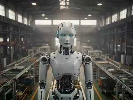 Ein humanoider Roboter steht in einer weitläufigen, industriellen Fabrikhalle zwischen Montagelinien. - Foto: über boerse-global.de