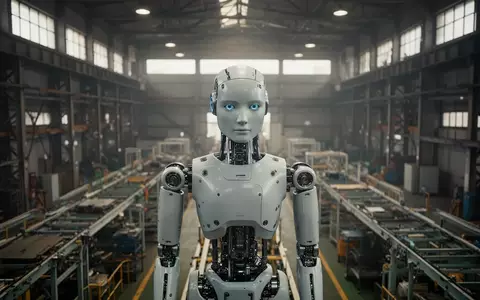 Ein humanoider Roboter steht in einer weitläufigen, industriellen Fabrikhalle zwischen Montagelinien. - Foto: über boerse-global.de