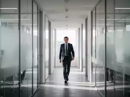 Eine Person in Businesskleidung geht durch einen hellen, modern gestalteten Büroflur mit Glaswänden. - Foto: über boerse-global.de