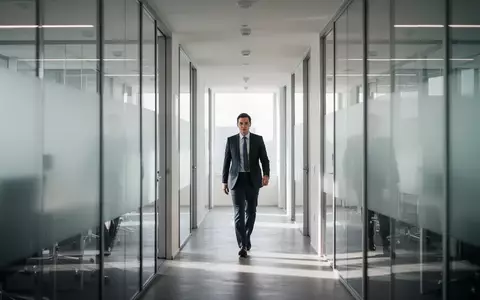 Eine Person in Businesskleidung geht durch einen hellen, modern gestalteten Büroflur mit Glaswänden. - Foto: über boerse-global.de