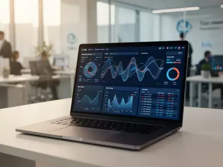 Moderner Büroarbeitsplatz mit Laptop und Daten-Dashboard als Symbol für digitale Steuerverwaltung. - Foto: über boerse-global.de