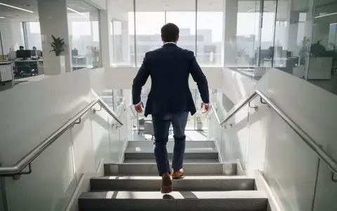 Eine Person in Business-Kleidung steigt in einem hellen Bürogebäude die Treppen hoch, um Bewegung in den Arbeitsalltag zu bringen. - Foto: über boerse-global.de