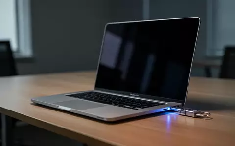 Ein silberner Laptop auf einem minimalistischen Schreibtisch in einem Büro mit gedimmtem Licht. - Foto: über boerse-global.de