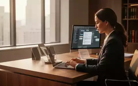 Eine Frau arbeitet konzentriert an einem Laptop in einem modernen, lichtdurchfluteten Büro einer Anwaltskanzlei. - Foto: über boerse-global.de