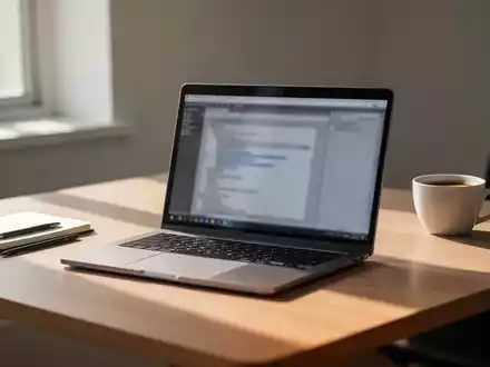 Ein moderner, minimalistischer Arbeitsplatz mit einem Laptop auf einem Holztisch bei natürlichem Tageslicht. - Foto: über boerse-global.de