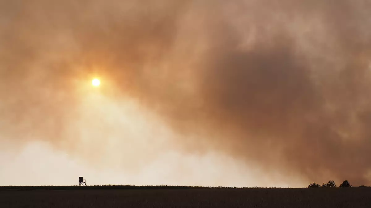 Das Feuer verdunkelt den Himmel über dem Hürtgenwald, allerdings nicht mehr so stark wie am Freitag.  - Bild: Georg Hilgemann/dpa