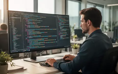 Ein Softwareentwickler arbeitet konzentriert an einem Monitor mit komplexem Programmcode in einem modernen Büro. - Foto: über boerse-global.de