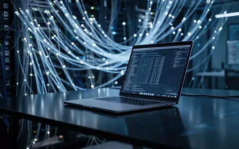 Moderne, technologische Arbeitsumgebung mit Glasfaserkabeln und einem Laptop in gedimmtem Licht. - Foto: über boerse-global.de