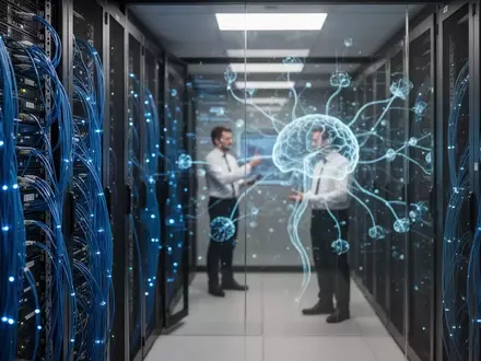Ein moderner Serverraum mit leuchtenden Glasfaserkabeln und einer abstrakten Visualisierung neuronaler Netzwerke. - Foto: über boerse-global.de