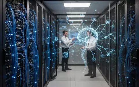 Ein moderner Serverraum mit leuchtenden Glasfaserkabeln und einer abstrakten Visualisierung neuronaler Netzwerke. - Foto: über boerse-global.de