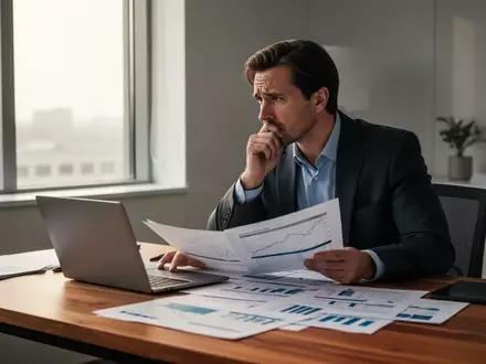 Ein besorgt wirkender Manager in einem modernen Büro beim Prüfen von Finanzunterlagen an einem Schreibtisch. - Foto: über boerse-global.de