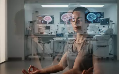 Eine Person meditiert in einem ruhigen Raum, während im unscharfen Hintergrund medizinische Laborausrüstung angedeutet ist. - Foto: über boerse-global.de