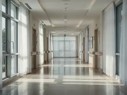 Ein heller, moderner Flur in einer Pflegeeinrichtung mit einfallendem Sonnenlicht durch große Fenster. - Foto: über boerse-global.de