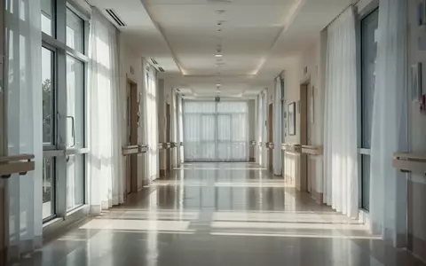 Ein heller, moderner Flur in einer Pflegeeinrichtung mit einfallendem Sonnenlicht durch große Fenster. - Foto: über boerse-global.de