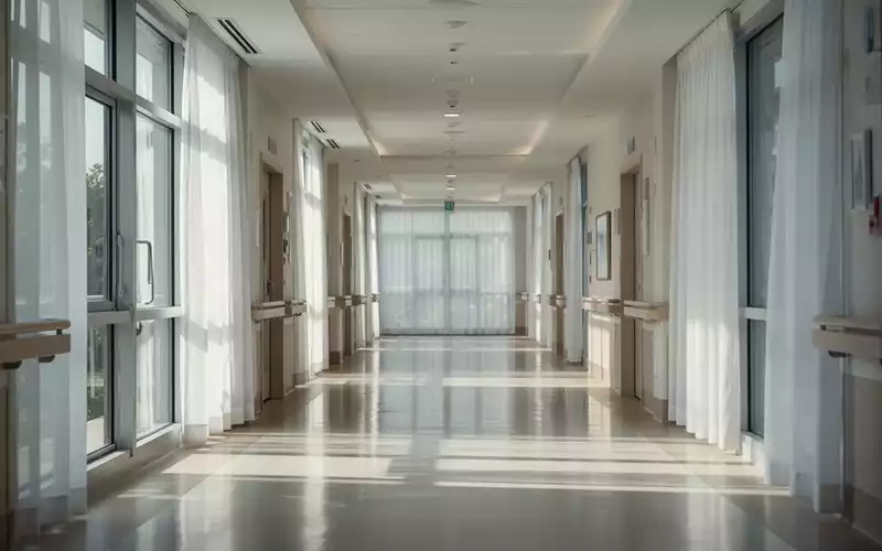 Ein heller, moderner Flur in einer Pflegeeinrichtung mit einfallendem Sonnenlicht durch große Fenster. - Foto: über boerse-global.de