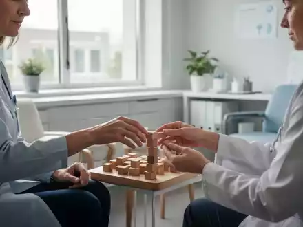 Therapeutin bei einer ergotherapeutischen Sitzung mit einem Patienten in einer modernen Klinik. - Foto: über boerse-global.de
