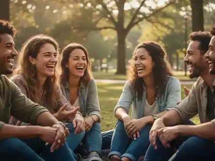 Eine Gruppe von Freunden, die lachend in einem sonnendurchfluteten Park zusammen sitzt. - Foto: über boerse-global.de