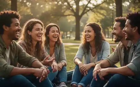 Eine Gruppe von Freunden, die lachend in einem sonnendurchfluteten Park zusammen sitzt. - Foto: über boerse-global.de