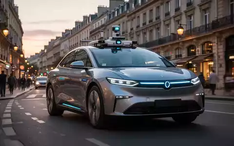 Ein autonomes Fahrzeug mit Sensoren auf dem Dach fährt durch eine moderne europäische Stadt bei Dämmerung. - Foto: über boerse-global.de