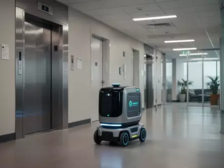 Ein autonomer Lieferroboter fährt in einem modernen Bürogebäude vor einem Aufzug. - Foto: über boerse-global.de