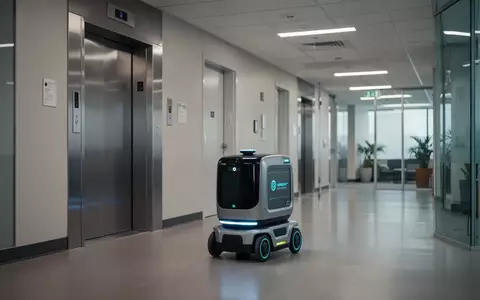 Ein autonomer Lieferroboter fährt in einem modernen Bürogebäude vor einem Aufzug. - Foto: über boerse-global.de