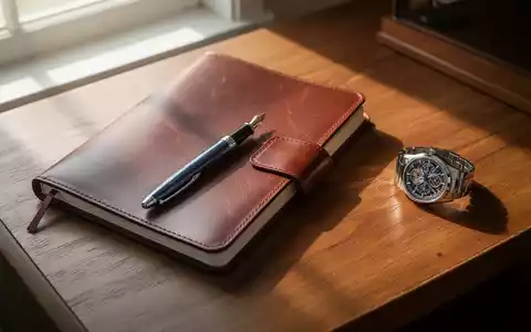 Ein hölzerner Schreibtisch mit Notizbuch, Füllfederhalter und Armbanduhr in natürlichem Tageslicht ohne digitale Geräte. - Foto: über boerse-global.de