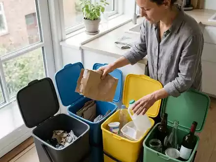 Eine Person sortiert in einer modernen Küche verschiedene Abfallarten in farblich markierte Recyclingbehälter. - Foto: über boerse-global.de