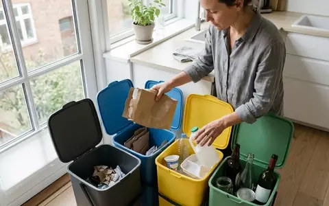Eine Person sortiert in einer modernen Küche verschiedene Abfallarten in farblich markierte Recyclingbehälter. - Foto: über boerse-global.de