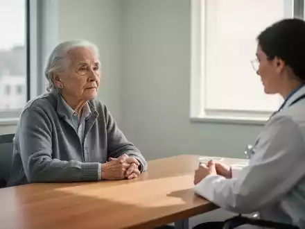 Ein älterer Mensch in einem hellen Arztzimmer im Gespräch mit einer medizinischen Fachkraft zur Demenz-Diagnostik. - Foto: über boerse-global.de