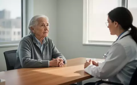 Ein älterer Mensch in einem hellen Arztzimmer im Gespräch mit einer medizinischen Fachkraft zur Demenz-Diagnostik. - Foto: über boerse-global.de