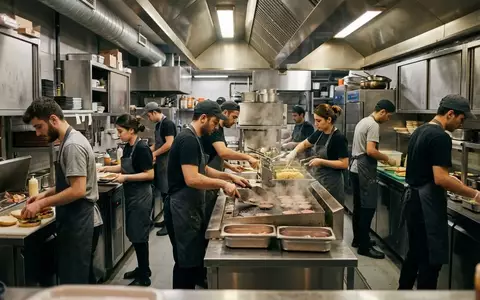 Ein Team von Mitarbeitern arbeitet in einer modernen Systemgastronomie-Küche konzentriert zusammen. - Foto: über boerse-global.de