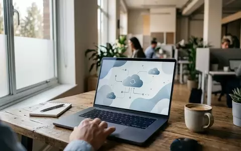 Laptop auf einem modernen Schreibtisch in einem hellen Büro, das eine nahtlose Verbindung zu Cloud-Diensten symbolisiert. - Foto: über boerse-global.de