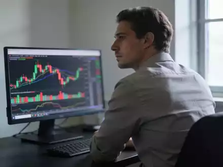 Ein Finanzhändler vor einem Computerbildschirm mit Aktienkursen in einem abgedunkelten Büro. - Foto: über boerse-global.de