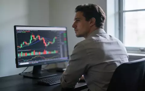 Ein FinanzhĂ€ndler vor einem Computerbildschirm mit Aktienkursen in einem abgedunkelten BĂŒro. - Foto: ĂŒber boerse-global.de