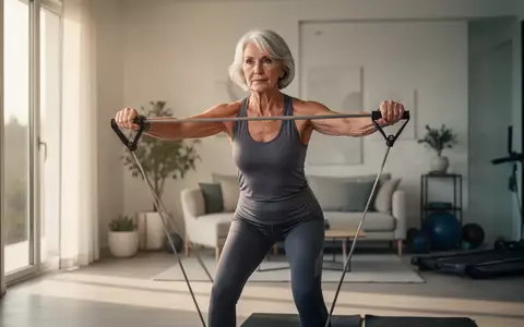 Eine aktive Frau in den Sechzigern beim Krafttraining mit Widerstandsbändern in einem hellen, modernen Raum. - Foto: über boerse-global.de