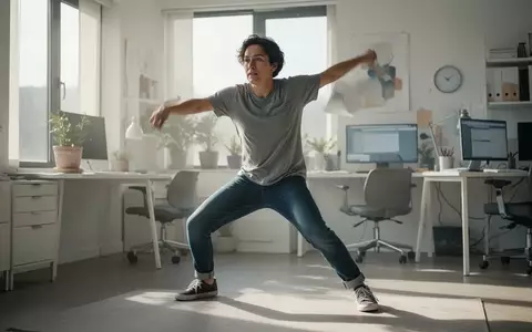 Eine Person in Freizeitkleidung macht eine kurze, dynamische Dehnübung in einem hellen, modernen Homeoffice. - Foto: über boerse-global.de