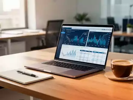Ein aufgeräumter moderner Büroarbeitsplatz mit Laptop, Notizblock und einer Kaffeetasse bei natürlichem Tageslicht. - Foto: über boerse-global.de