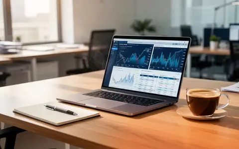 Ein aufgeräumter moderner Büroarbeitsplatz mit Laptop, Notizblock und einer Kaffeetasse bei natürlichem Tageslicht. - Foto: über boerse-global.de