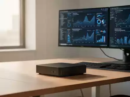 Kompakter HP OmniDesk Mini-PC auf einem modernen Schreibtisch mit zwei angeschlossenen 4K-Monitoren. - Foto: über boerse-global.de