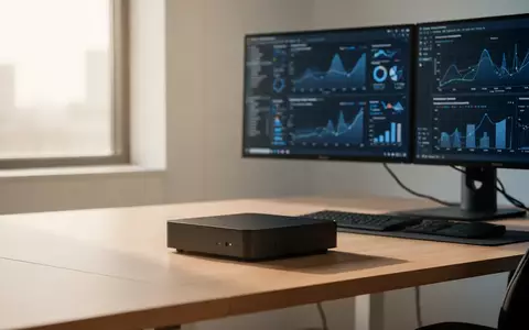 Kompakter HP OmniDesk Mini-PC auf einem modernen Schreibtisch mit zwei angeschlossenen 4K-Monitoren. - Foto: über boerse-global.de