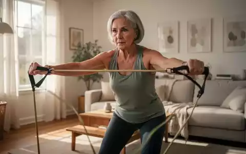 Eine ältere Frau trainiert mit Widerstandsbändern in einem hellen Wohnzimmer, um ihre körperliche Fitness zu erhalten. - Foto: über boerse-global.de